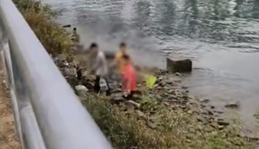 3名孩子在江河边捞鱼